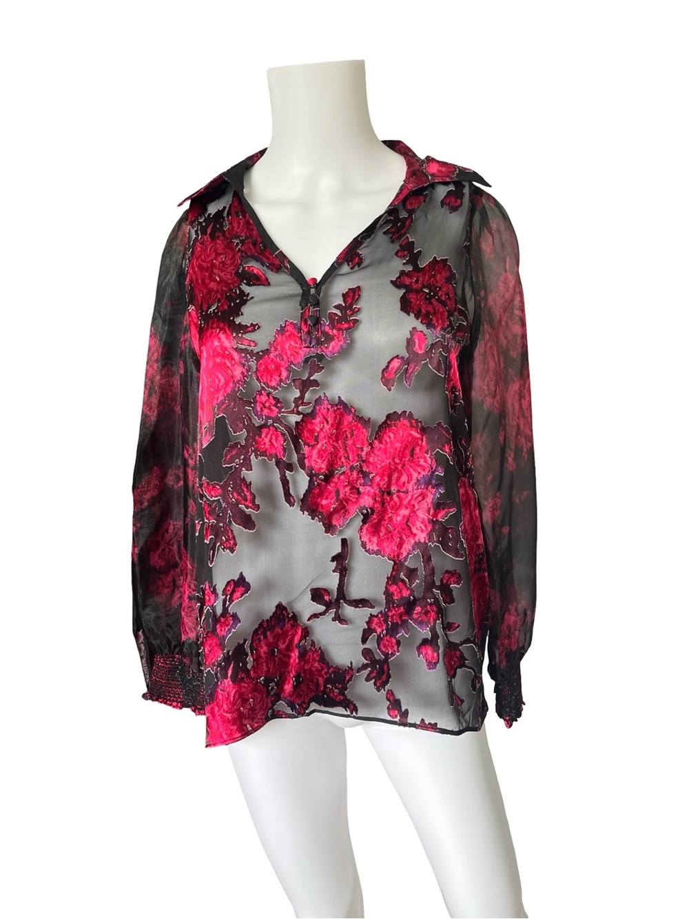 White House Black Market Organza Sleeve Silk Burnout Blouse Womens Size XS
